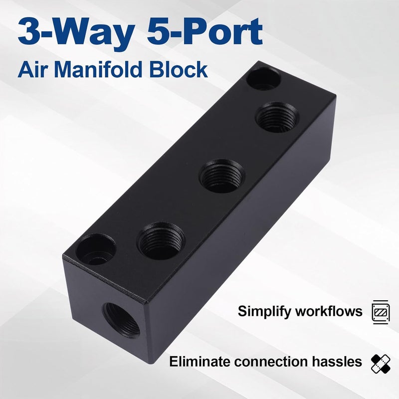 MARSTEK Air Manifold, Air Compressor Manifold, Air Hose Inline Manifold Block Splitter, Pneumatic Manifold Air Distribution Block, NPT 1/4 Inch Port (3 Way 5 Port) - Image 2